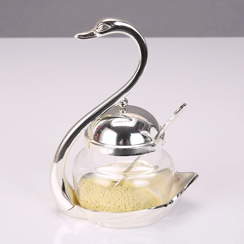 

Japanese fashion Korea swan sugar jar swan seasoning jar metal swan spoon gold seasoning jar spices storage box