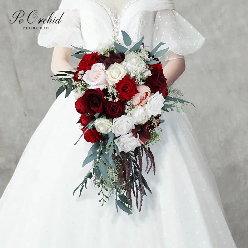 PEORCHID Burgundy&White Bridal Boquet Waterfall Weding Flower Bouquet Cascade Artifical Vintage Bride Bouquet De Fleur Mariage