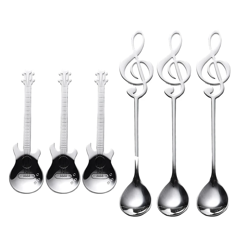 Cucharas de yo-café calientes, paquete de 6 cucharas creativas y bonitas de acero inoxidable con forma de notación Musical del personal (3 + 3 notas musicales guitarras)