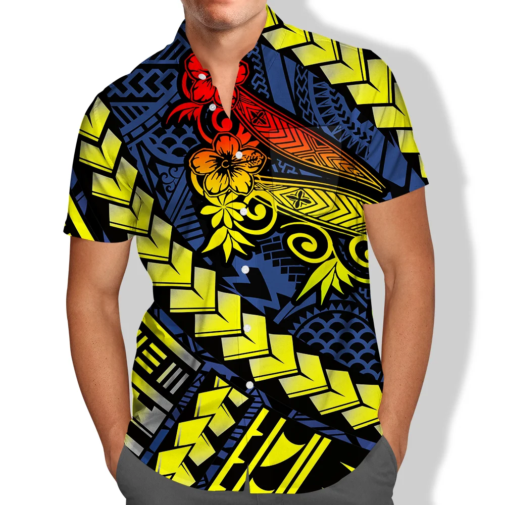 Pocket Short Sleeve Shirt Men Black and White Polynesian Tribal Clothing Tribal Clothes Islanders 2021 New Samoan