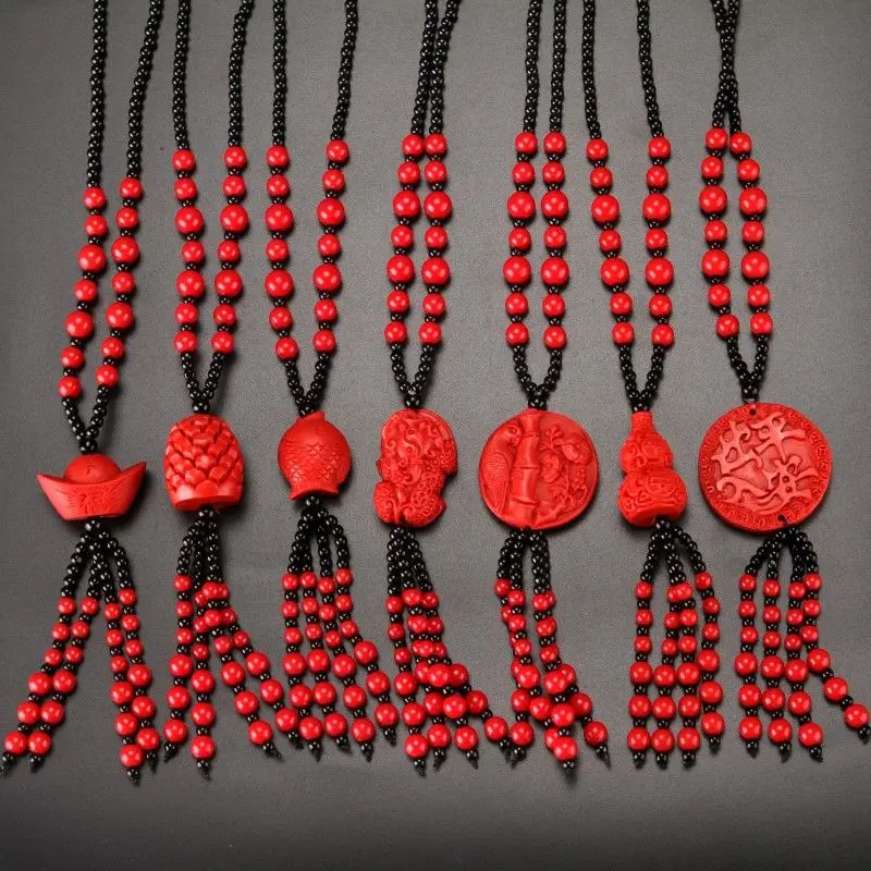 Vintage Ethnic Red Cinnabar Long Tassel Necklaces for Women Autumn Winter Joker Beads Flower Sweater Chain Lady Jewelry on Neck