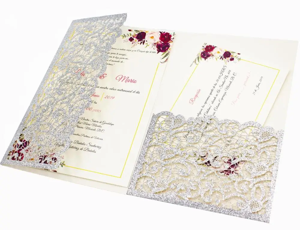 free shipping 2pcs silver Gold tri fold wedding invitation cards with envelope ,insert, RSVP 3 fold laser cut pocket fold cards