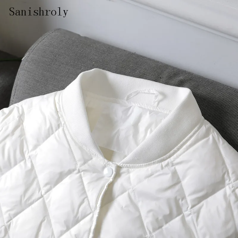 Sanishroly Women Ultra Light White Duck Down Jacket Lady O Neck Single-breasted Bomber Coat Casual Diamond lattice Short Parka