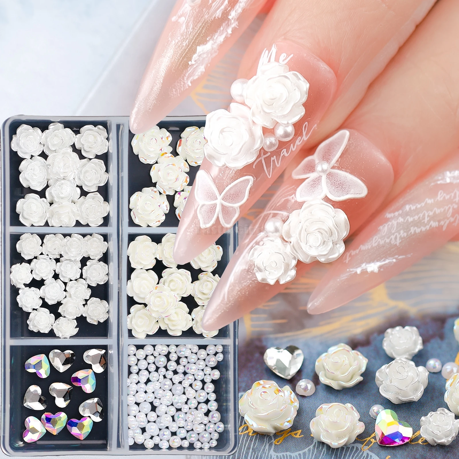 6 Grids/Box 3D Pearlescent White Pink Rose Flowers Valentine's Day Love Diamonds Nail Art Rhinestones Decoration Manicure Charms