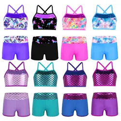 Kids Girls Ballet Dancewear Set Workout Gymnastics Outfits Sleeveless Shiny Sequins Tank Top With Shorts Bottoms Tankini Outfit