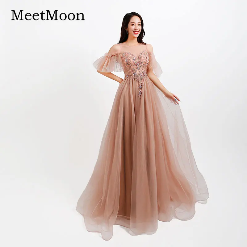 MeetMoon Evening Dresses Pageant 2020 New Illusion Beaded QUINCEAÑERA Dress Long Formal Evening Party Prom Ball Gown Debutante