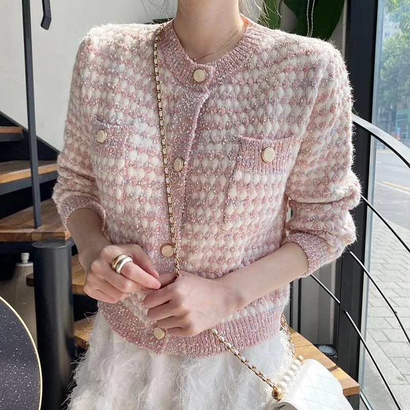 Women 2023 Chic Panelled Patchwork Sweater Elegant Exquisite Button Coat  All-match O-neck Double Pockets Cardigan Y2k Aesthetic