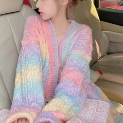 Rainbow Knitted Cardigan Women Autumn Winter Sweet Kawaii Sweater Coat Female Long Korean Button Down Cardigan Fall 2023 Women