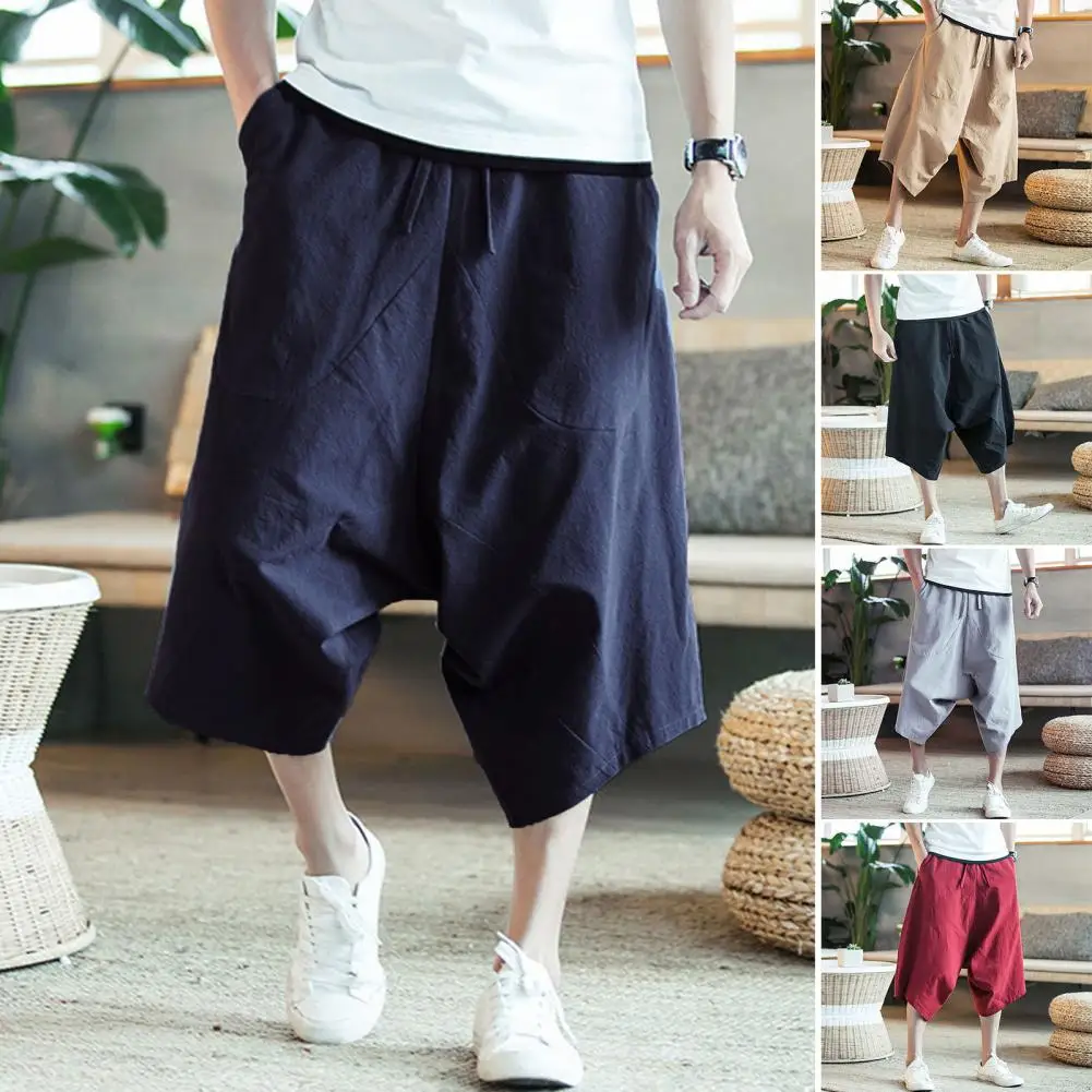 Summer Casual Men Pants Drop Crotch Solid Color Stylish Loose High Waist Baggy Cropped Trousers Multi pockets Short Pants