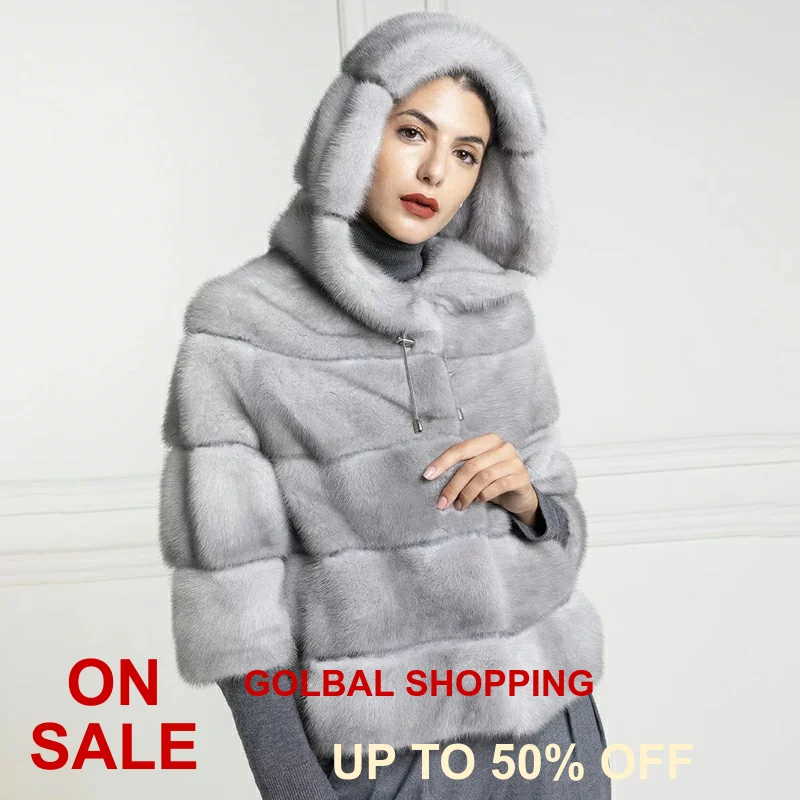 TOPFUR Imported Sapphire Blue Mink Fur Coat With Hood Light Grey Coat Winter Real Fur Coat Women Natural Mink Fur Jacket