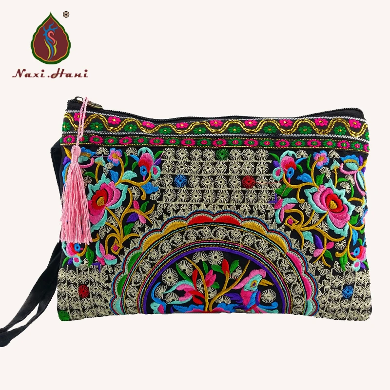 BOHO Women\'s bags Embroidery canvas wallet clutch purse for women Wristlets bag Retro Cell phone bags