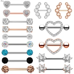Alisouy 2pcs 14G Heart Flower Cubic Zirconia Crystal Stainless Steel Sexy Women Nipple Ring Shield Barbell Piercing Body Jewelry