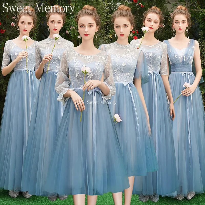 

Sweet Memory Grey Blue Bridesmaid Dresse O1090 Lace Up Princess Prom Vestido Graduation Gown Net Tulle Prom Wedding Party Dress