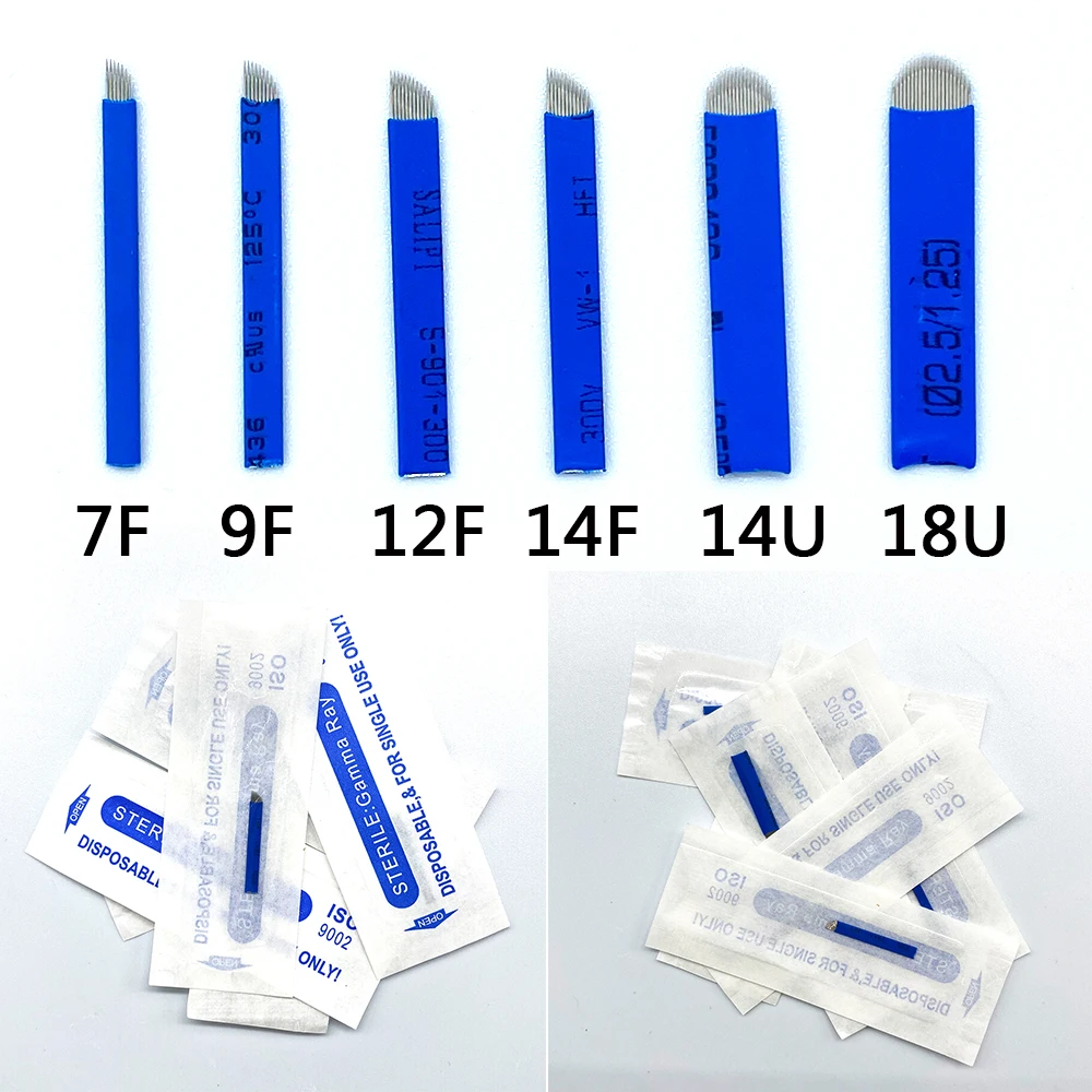 50 PCS blue 14 16  18 Pin U Shape Tattoo Needles Permanent Makeup Eyebrow Embroidery Blade For 3D Microblading Manual Tattoo Pen