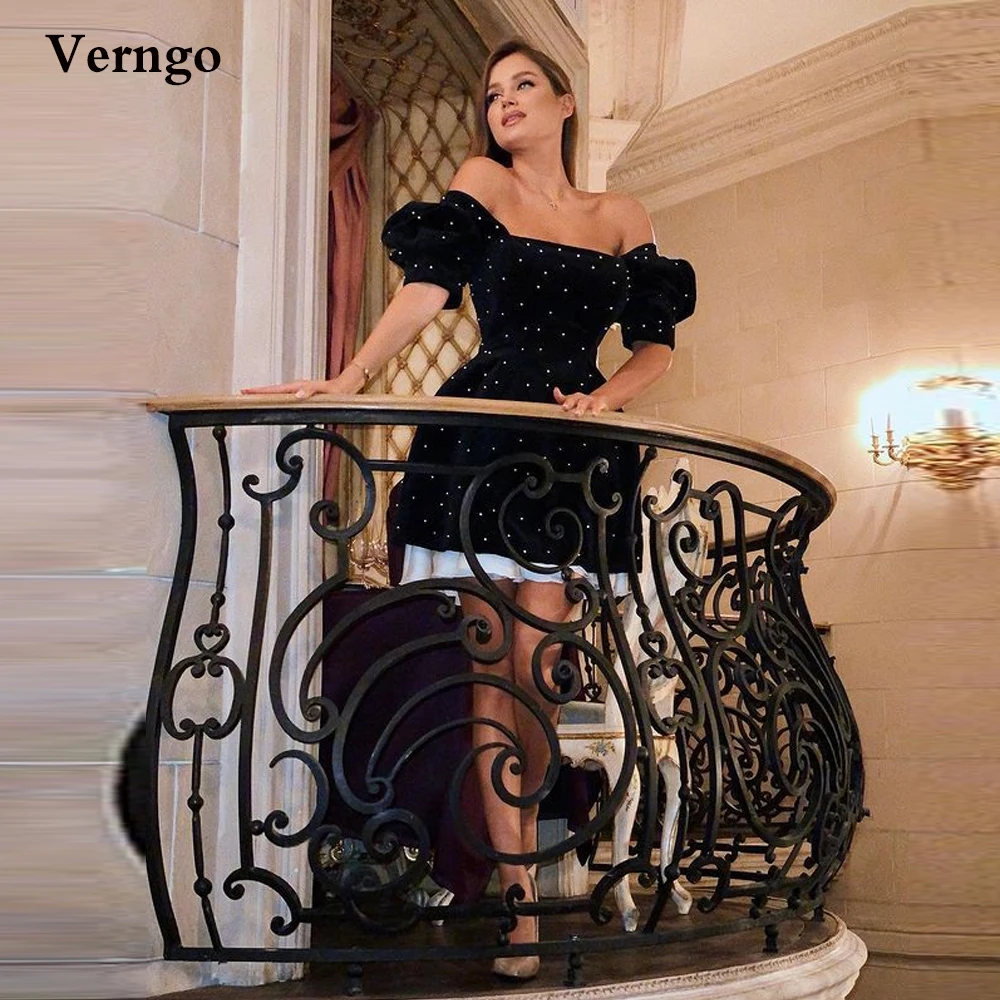 

Verngo Hot Sale Black Velour Short Cocktail Dresses With Pearls Sleeves Off Shoulder Prom Party Dress Mini Formal Wear Gowns