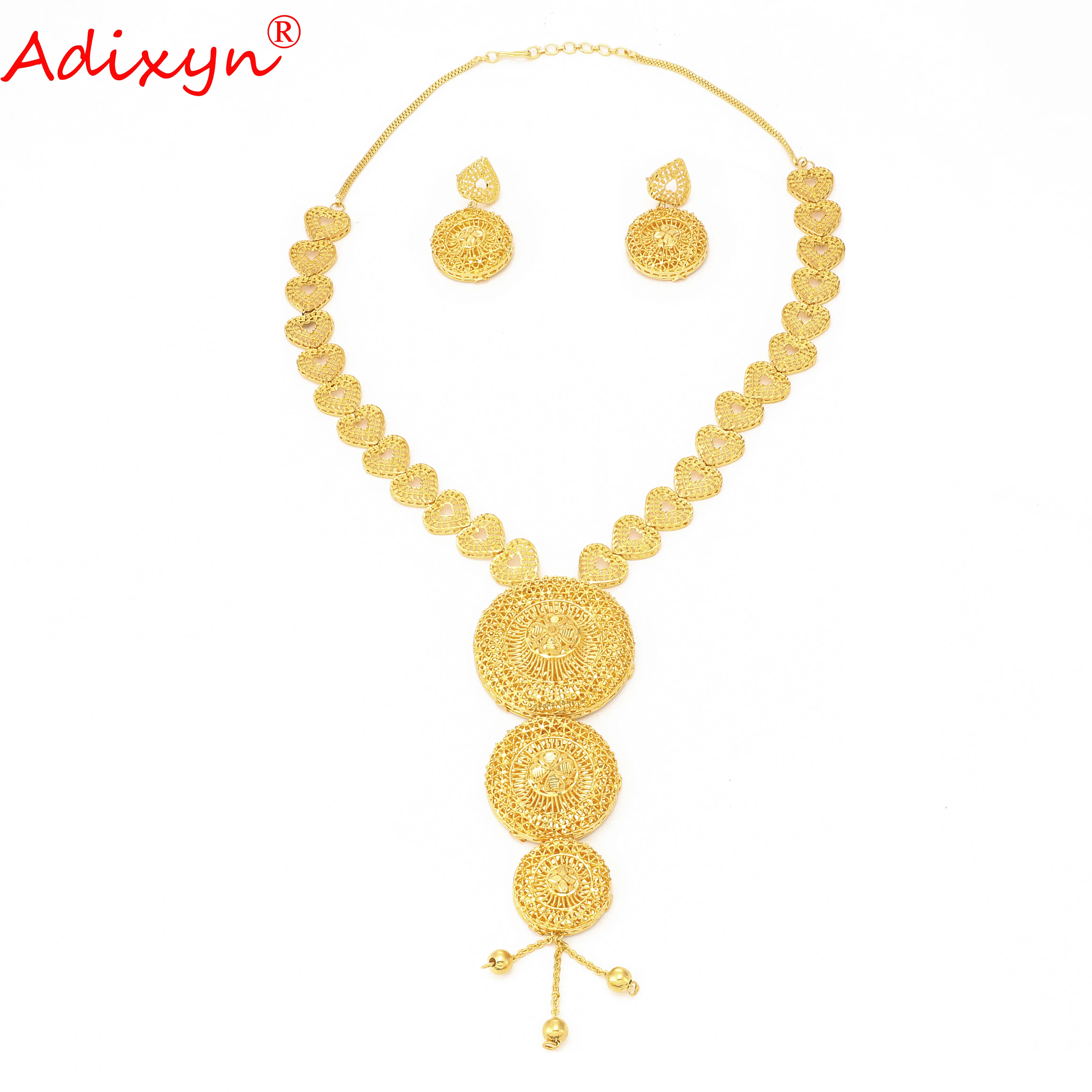 Adixyn Big Size Necklace Earrings Jewelry Set for Women Wedding 24K Gold Color Set Arab India Bridal Dubai Wedding Jewelry N102I