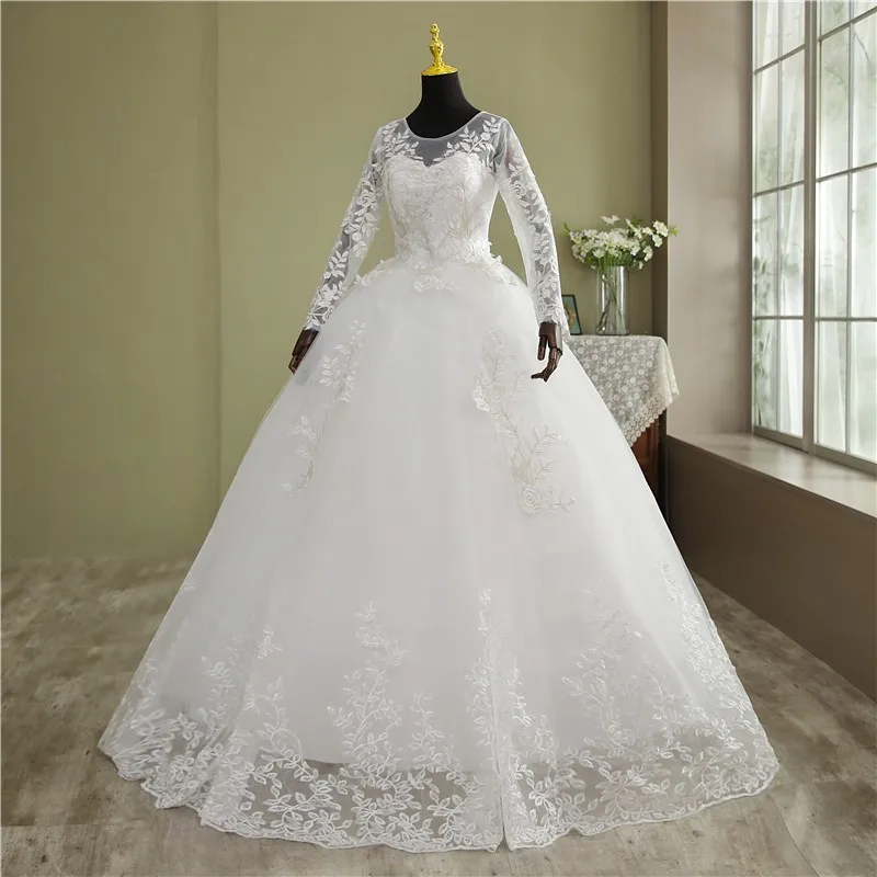 VLNUO NISA Echt Video Neue Koreanische Plus Größe Hochzeit kleid Volle Hülse Lange Spitze Appliques Noiva Kleid O-ansatz Günstige großhandel china