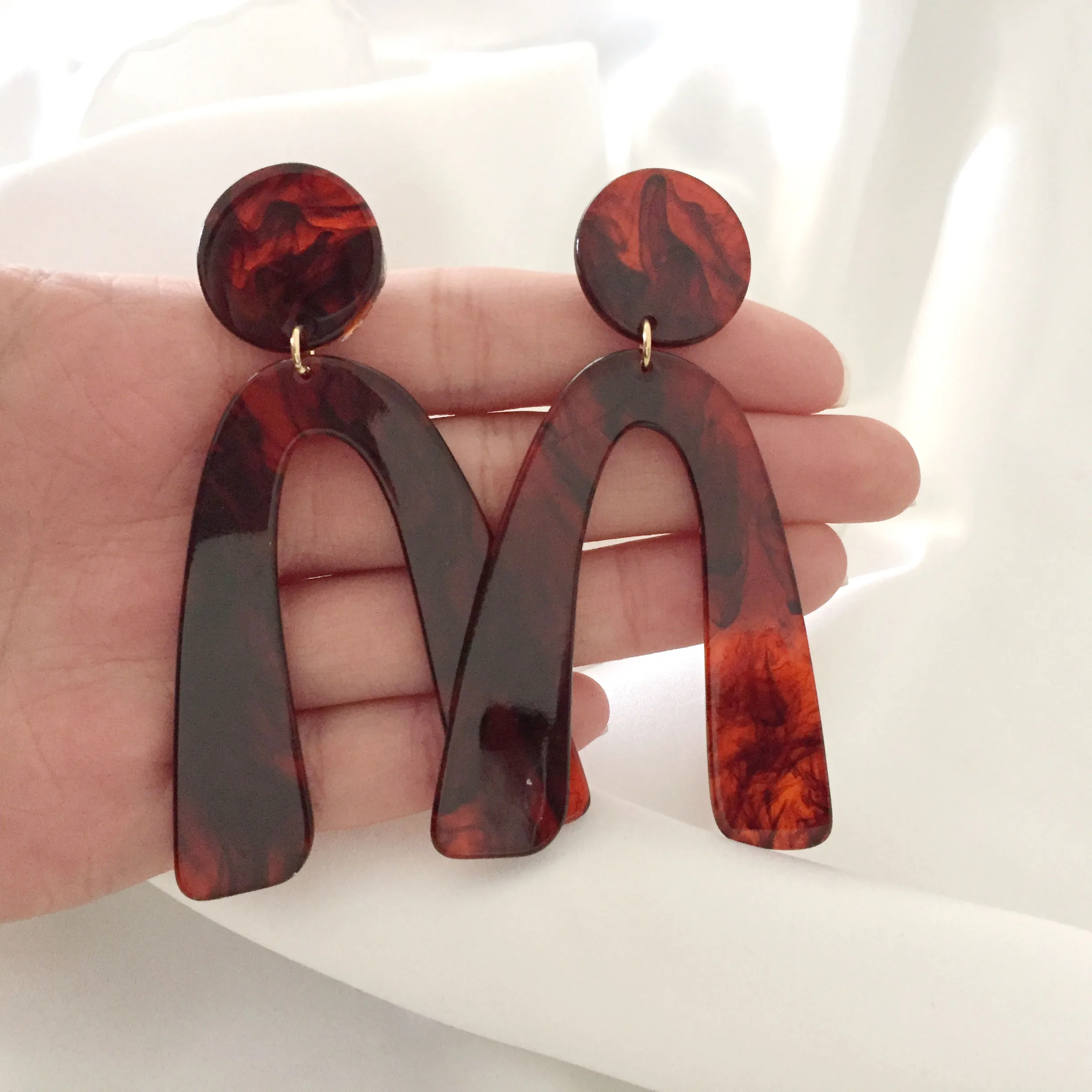 Vintage Marble Burgundy Inverted Acrylic Acetate Plate Big Drop Earrings For Women Bohemia Casual OL Modern Jewelry