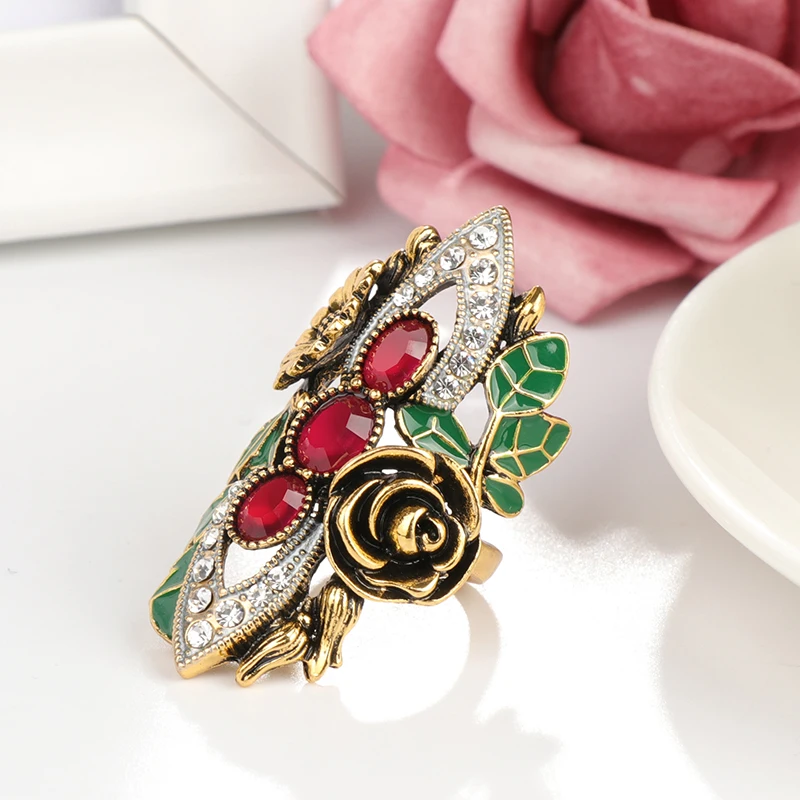 Kinel Luxury Women Rings Vintage Jewelry Antique Gold Color Mosaic Red Zircon Green Enamel Bride Wedding Ring Christmas Gift