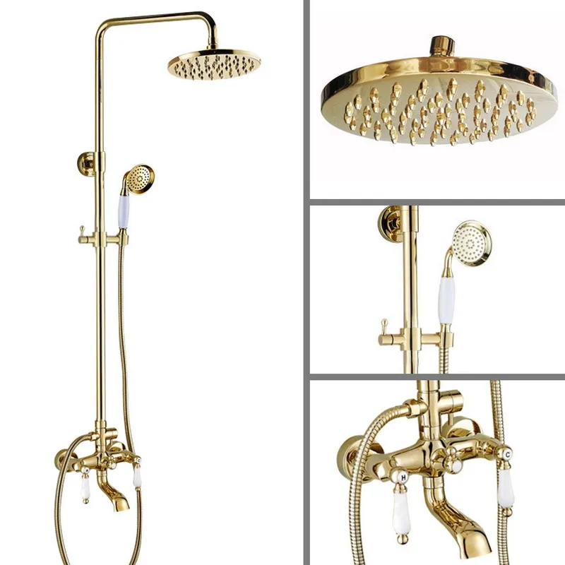 

Gold Color Brass Two Ceramic Handle Wall Mounted Bathroom Rain Shower Head Bath Tub Faucet Set Telephone Shape Hand Spray mgf372