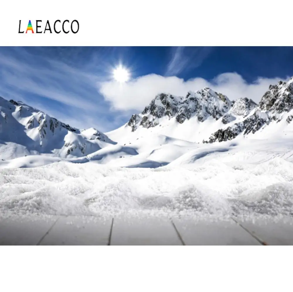 Laeacco Winter Mountain Snow Sun Blue Sky Cloudy Gray Wood Floor Baby Scenic Photo Background Photography Backdrop Photo Studio