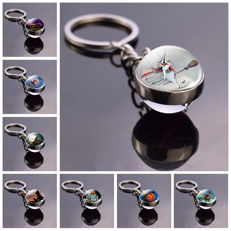 Pumpkin Lantern Witch with Broom Keyfob Black Cat and Bat Picture Glass Ball Keychain Keyring Pendant Halloween Party Jewelry