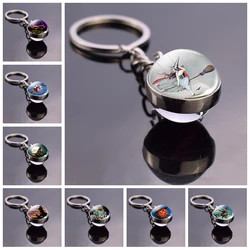 Pumpkin Lantern Witch with Broom Keyfob Black Cat and Bat Picture Glass Ball Keychain Keyring Pendant Halloween Party Jewelry