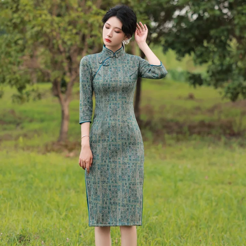 Elegant New Slim Long Fork Women Qipao Vintage Button Chinese Traditional Mandarin  Collar Party Dress Ladies Cheongsam