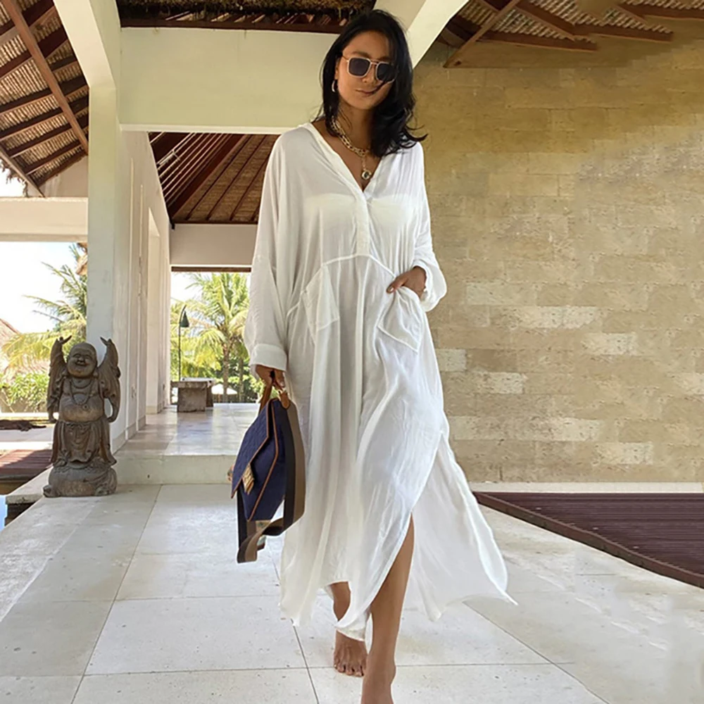 

Women Swimsuit Cover Up Fashion Elegant Long Dress White Loose Pareo Sarong 2023 Beachwear Bathing Suit Kimono Kaftan