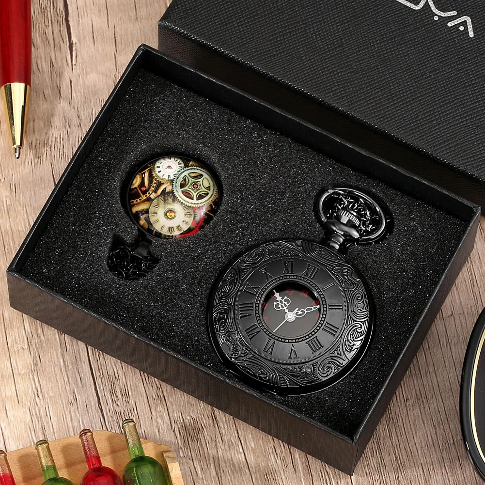 Luxury Gold Pocket Watch Set with Box Mens Roman Numeral Dial Watch Quartz Clock Ladies Necklace with Accessories Birthday Gifts