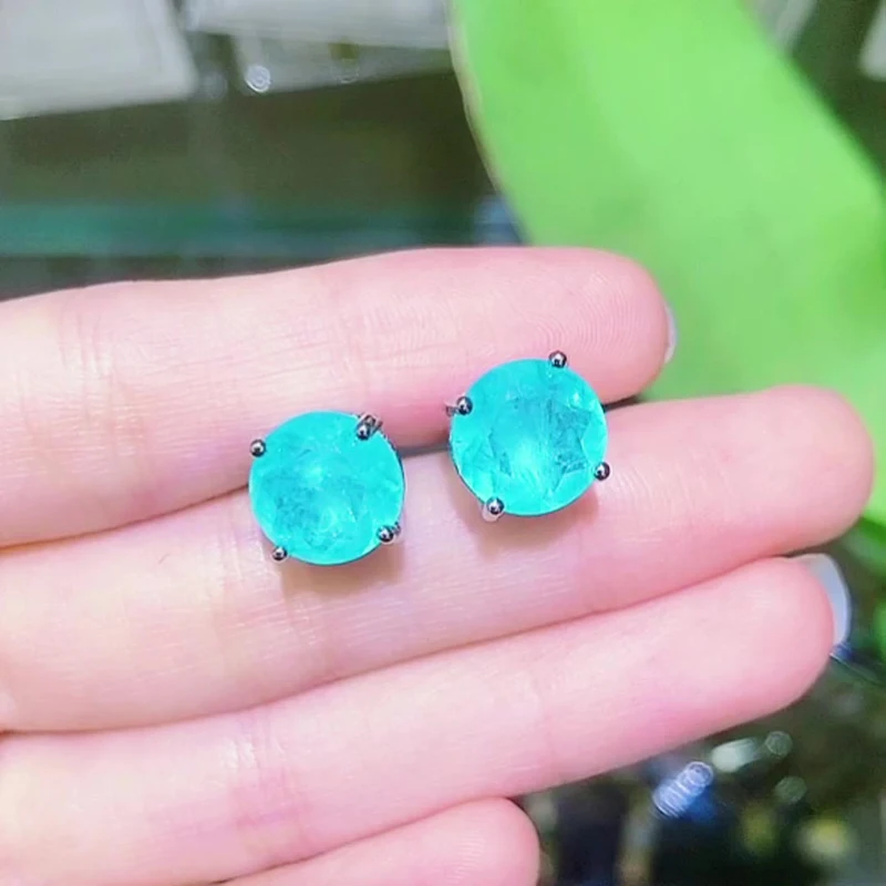 Pendientes de plata de ley 925 para mujer, aretes redondos de piedras preciosas de turmalina Paraiba de 10x10mm, joyería para regalo de aniversario