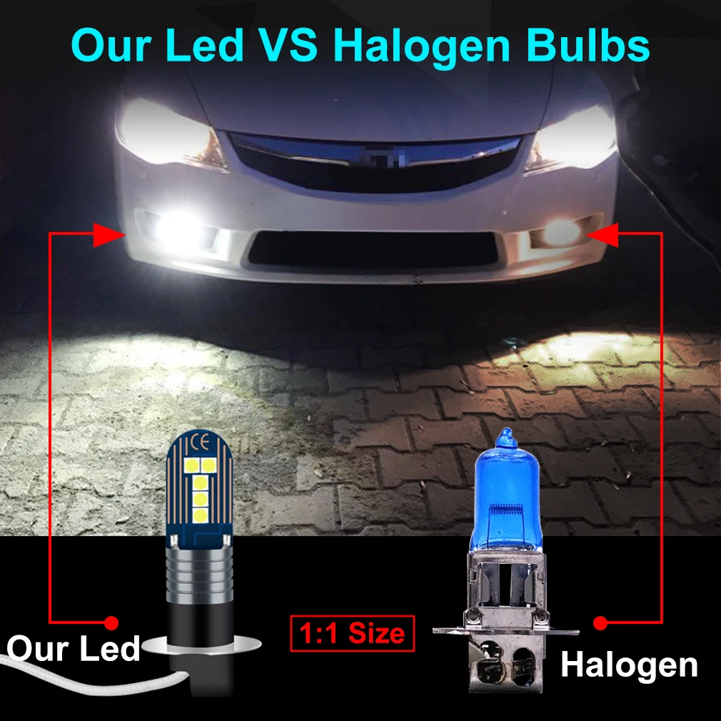 2pcs H1 H3 LED Bulb Car Fog Lights Day Driving Running Lamp 10SMD 3030 1600LM LED Fog Light Headlight Lamps 6000K White 12V