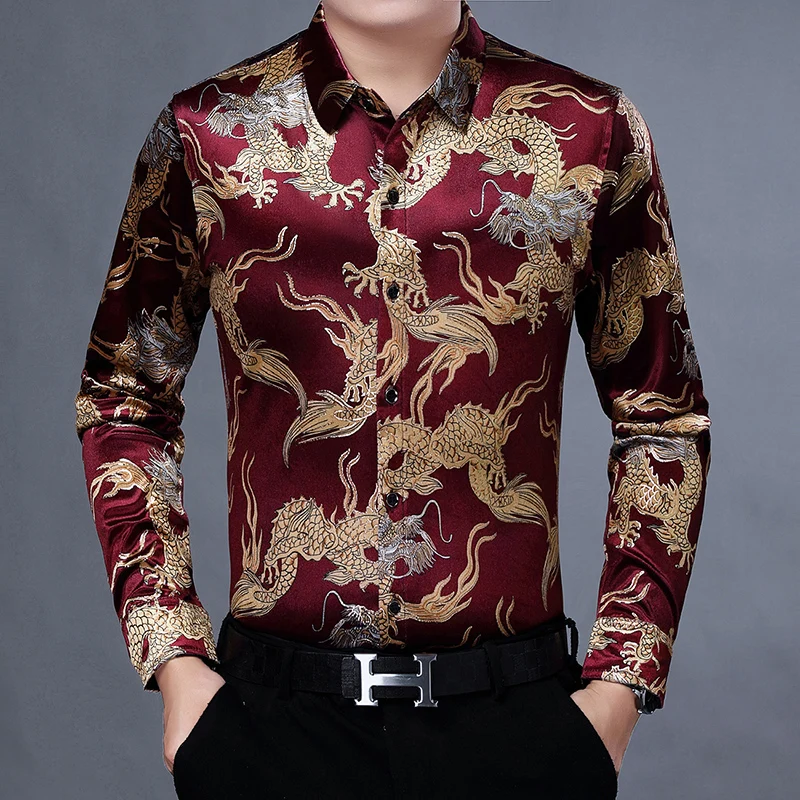 Creative Golden Yellow Dragon Shirts For Men Long Sleeved Casual Autumn High Quality Smooth Comfortable Velour Camisas De Hombre