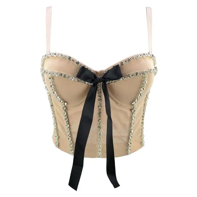 

Women Fashion Sexy Beaded Rhinestone Bow Mesh Camisole Wear Sleeveless Bra Ropa De Mujer Bustier Corest Crop Tops p122