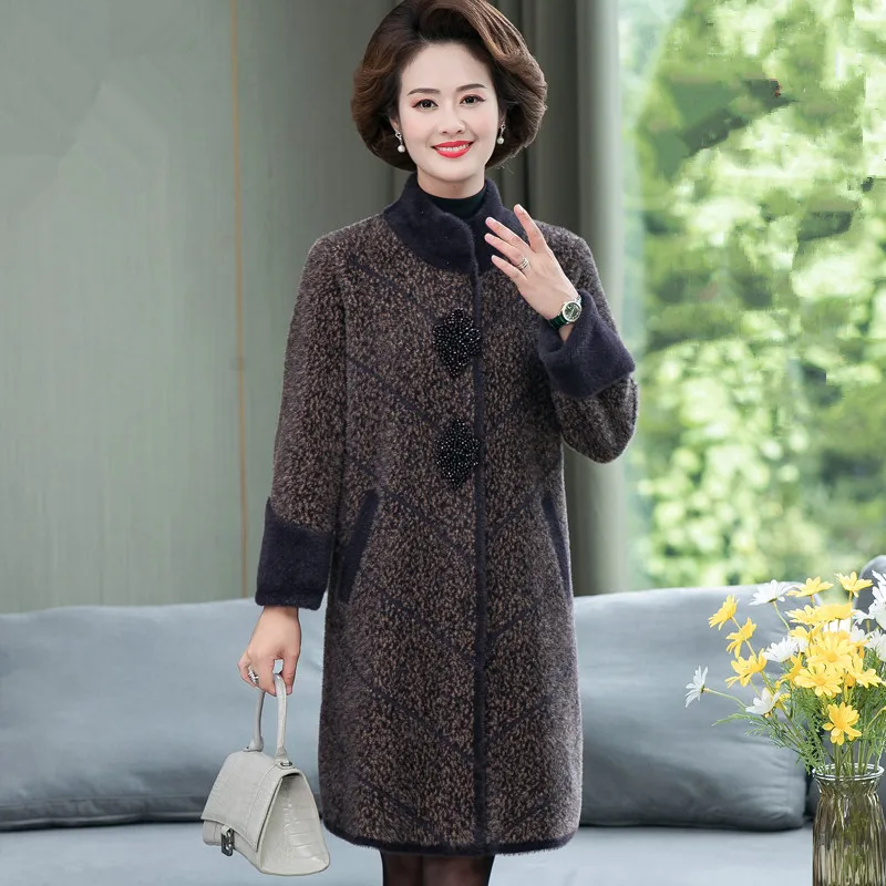 UHYTGF Autumn Winter Coat Women Quality Mink Fleece Casual Female Woolen Jacket Mid-Length Loose 6XL Big Size Outerwear 1075