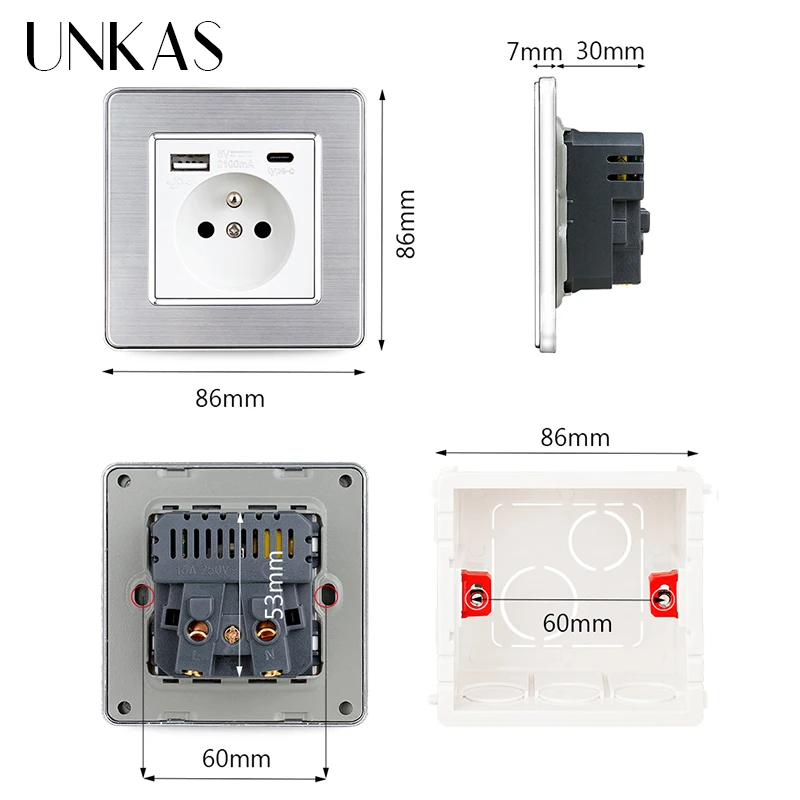 UNKAS Typ C Port 16A Wtyczka francuska 5V 2100mA Z gniazdem USB Panel ze stali nierdzewnej Zasilanie Biały Szary Czarny 86mm * 86mm Gniazdo