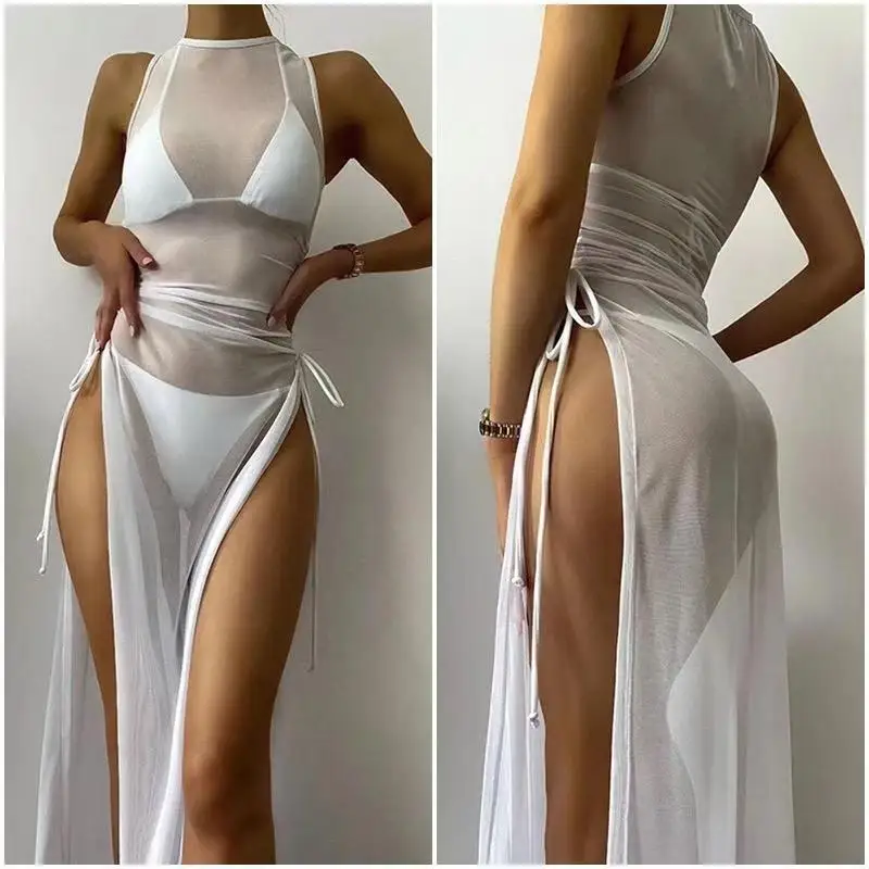 Alta pescoço halter com malha vestido de biquíni feminino maiô feminino banho de três peças conjunto de biquíni alta corte banhista maiô de natação