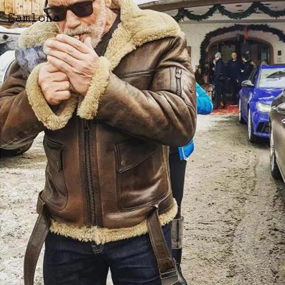 New Thick Winter Three-dimensional Pockets Motor PU Leather Coat Jacket Men Fashion Individuality Zipper Punk Style Jacket Men