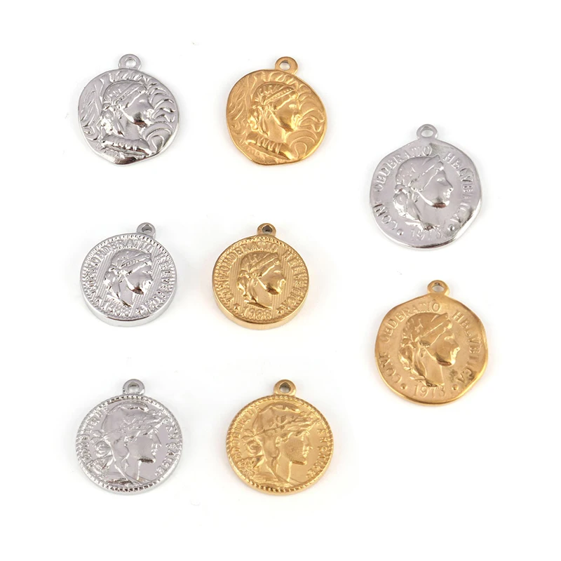 5pcs Stainless Steel Charms For Jewelry Making Supplies Round Coin Charm Pendant For DIY Necklace Bracelet Accessories