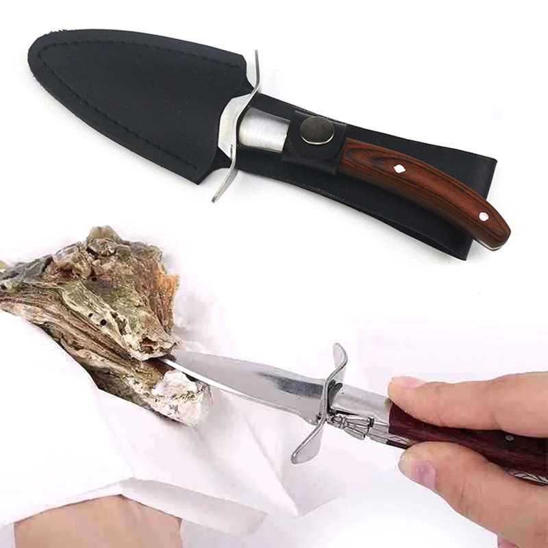 Wood Handle Oyster Knives Opener muszelki ze stali nierdzewnej Shell shacking Cutter ze skórzanym etui na narzędzia do otwierania owoców morza