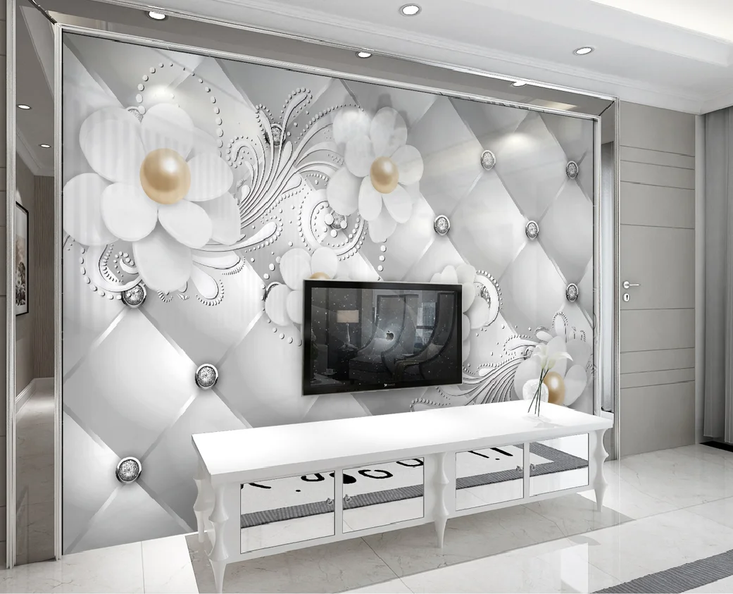 

Customize any size European 3D three-dimensional metal pearl flower jewelry photo wall decoration luxury hotel home decoration