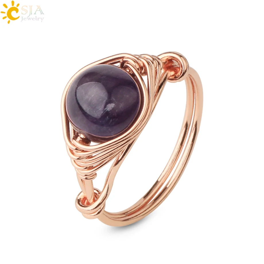 Round Natural Stone Ring Rose Gold Color Wire Wrap Handmade Opal Clear Quartz Obsidian Rock Crystal Finger Ring Healing G345