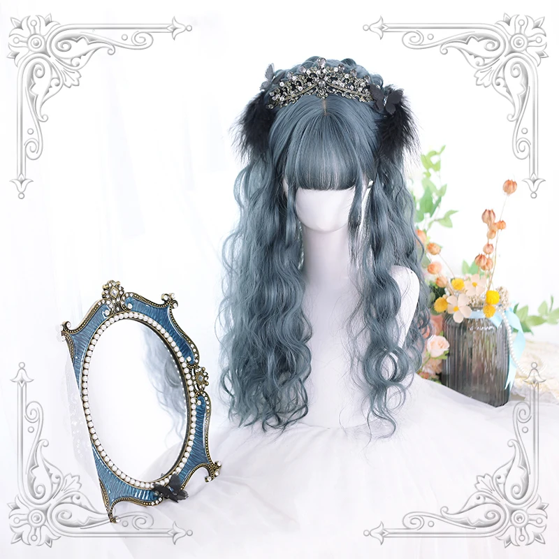 High Quality Multicolor Lolita Fog Indigo Pink Air Bangs Long Curly Hair Wig Cosplay Party