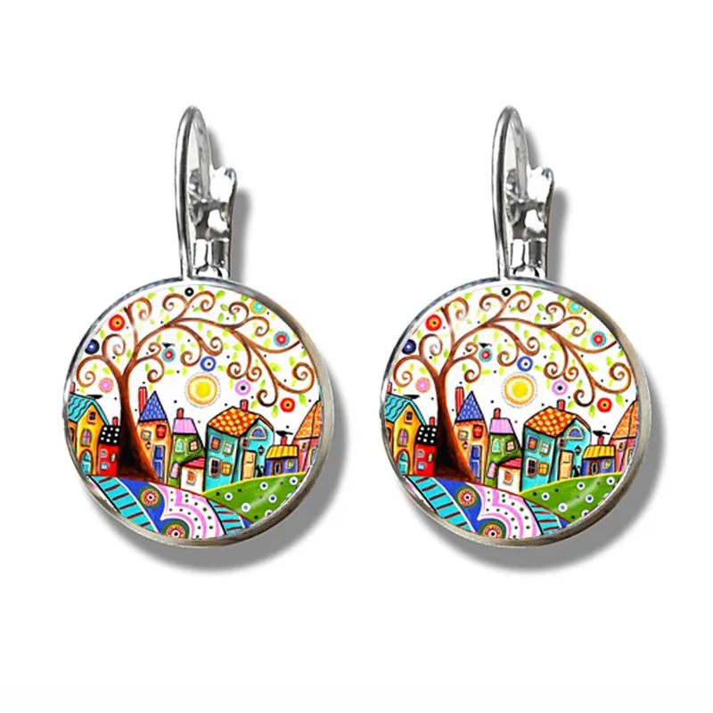 New Arrival Colorful House and Tree Sliver Color Earring Tree of Life France Earrings for Women Yoga Amulet Mandala EarHook Gift