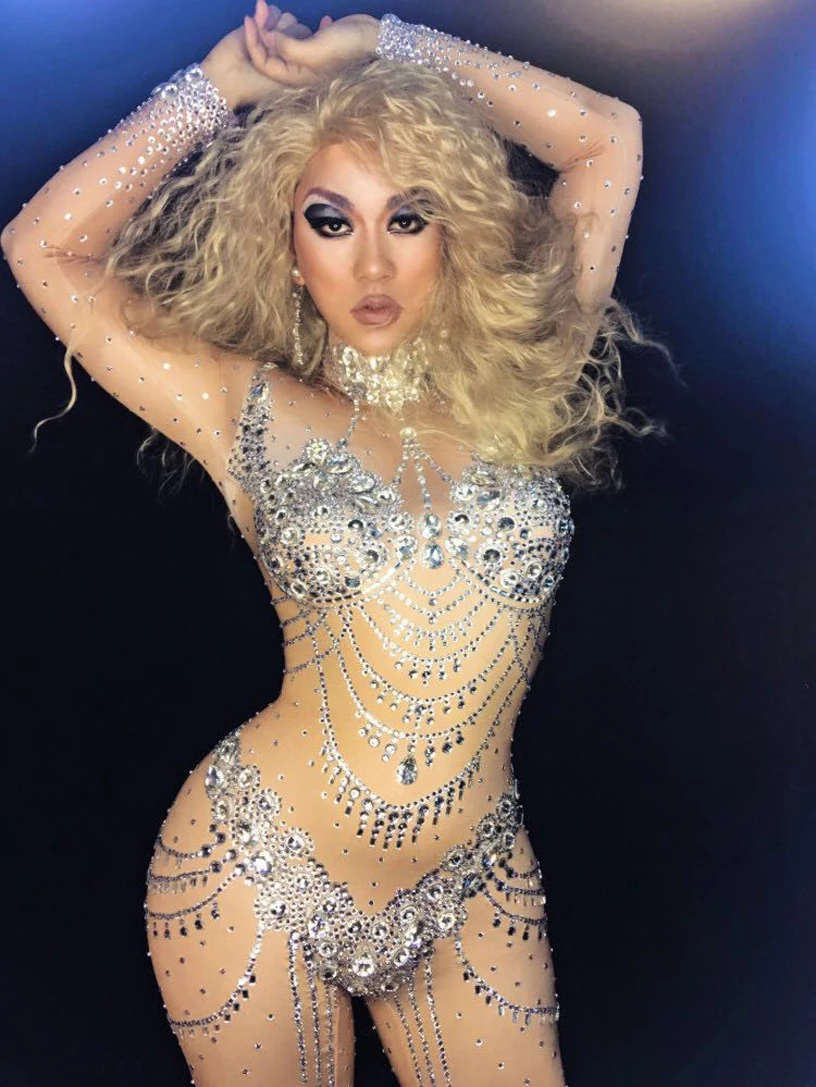 Sexy Rhinestones Bodysuit Stage Outfit Female Singer Nightclub bar party girl nude bodysuits club jumpsuit