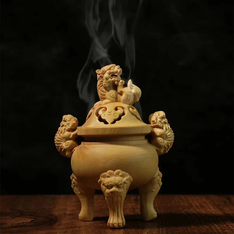 

11cm Lion Incense Burner Boxwood Carving Incense Burner Solid Wood Carving Home Living Room Decoration Wooden Furnace