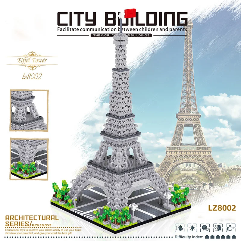 3585PCS World Architecture Eiffel Tower Model LZ8002 Micro Diamond Small Bricks Assembled Educational Toys Gift For Children