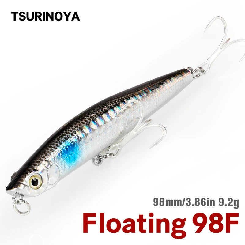 TSURINOYA-lápiz flotante 98F DW66, 98mm, 9,2g, fundición larga, acero de tungsteno, centro de gravedad, señuelo de pesca de agua superior, cebo duro para lubina