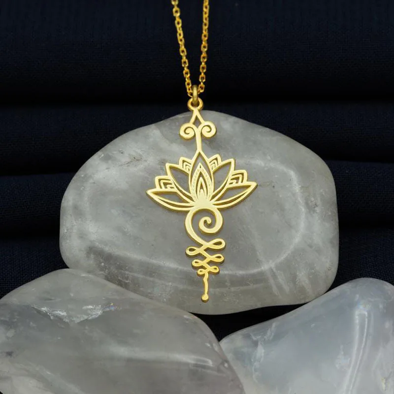 Women Fashion Lotus Flower Pendant Necklace Hippie Choker Unalome Necklace with Charms Hollow Out Lotus Flower Yoga Jewelry