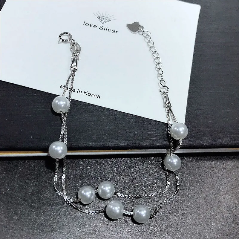 Whole Real 925 Sterling Silver Exquisite Bracelets with Pearl Double Layers Splendid Chain Luxurious Bracelet Shiny Wristlet